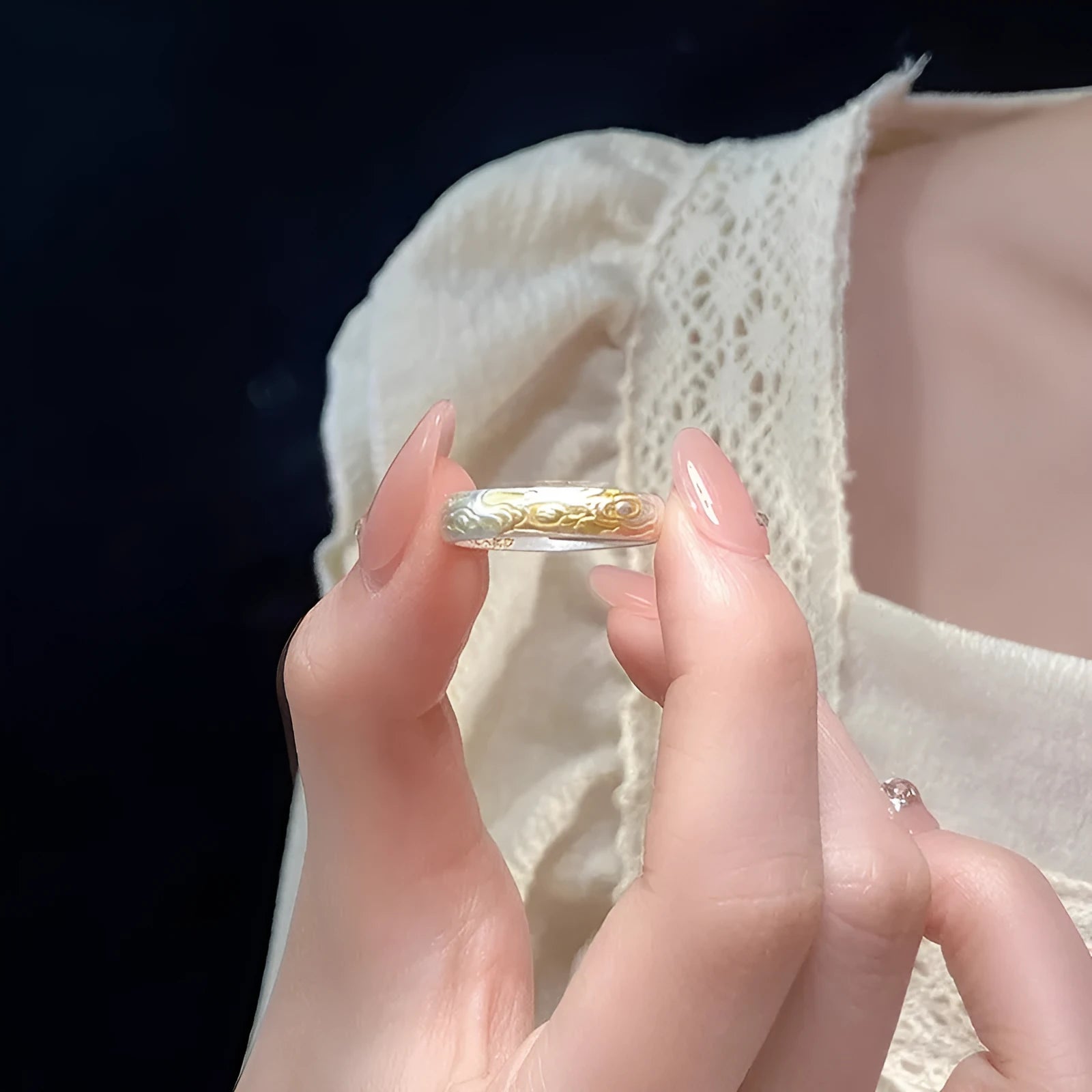 Open mouth geometric ring with Xiangyun pattern in silver gold electroplated finish on white copper