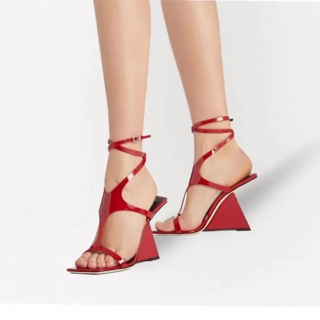 Women's black high heel sandals with square toe and button fastening, 9.5cm heel.