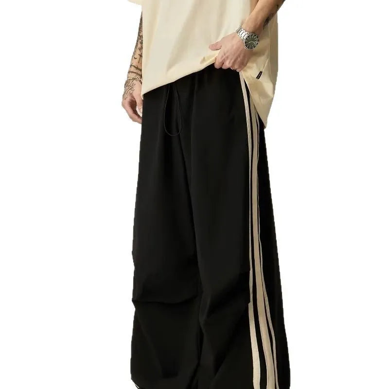 Black wide leg climbing trousers for men with high waist and straight leg design
