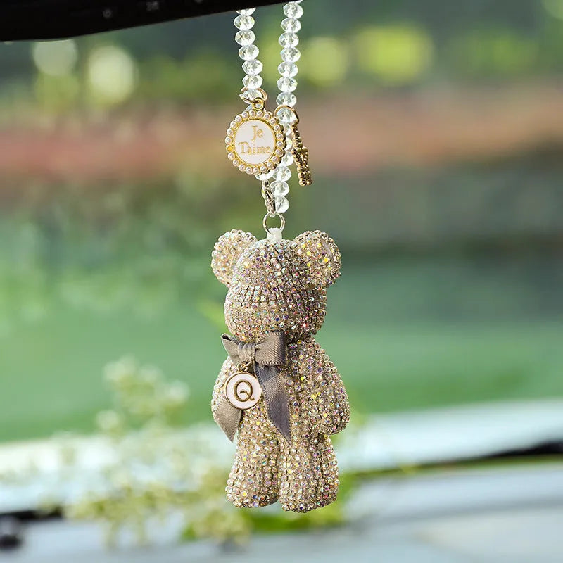 Black Violent Bear car rearview mirror pendant with diamond-embedded crystal rhinestones.