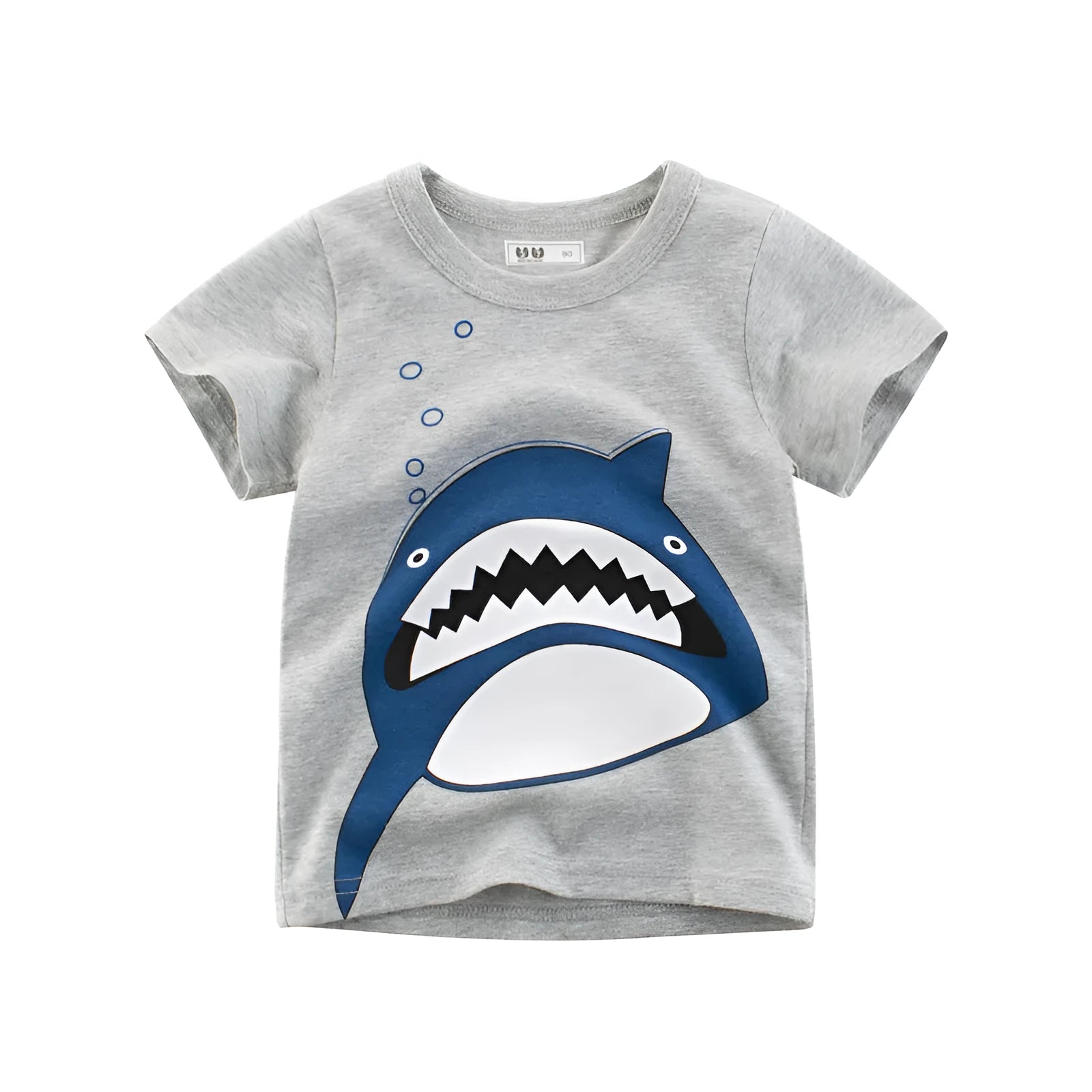 Grey cotton children's T-shirt shown with a size chart listing measurements for heights 90cm to 140cm.