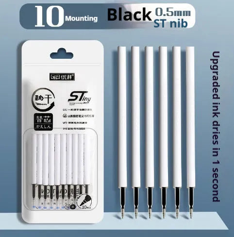 Bullet pen refill cartridges in black, red, blue, and ink blue colours showing plastic construction