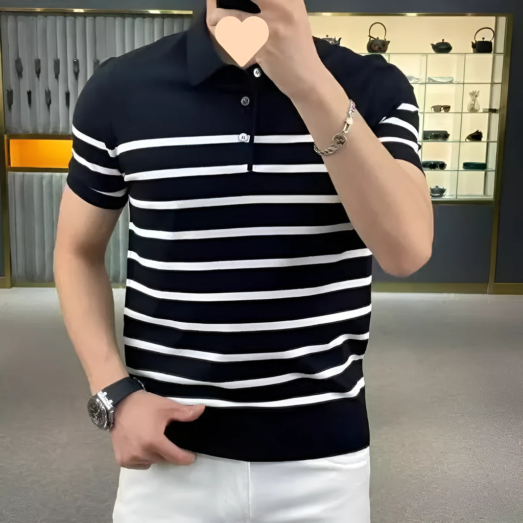 Black and white striped lapel knitted T-shirt pullover in chemical fibre blend fabric