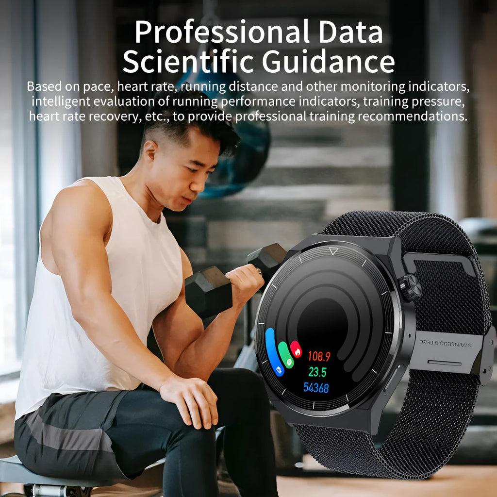 Black silicone strap silver case smartwatch with Bluetooth calling and health monitoring display