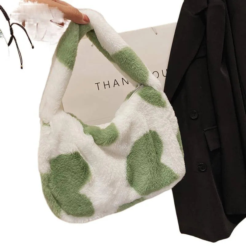 Japanese Ins plush bag with velvet outer, contrast colour love heart design, sandwich zipper bag, shown in green pink black beige