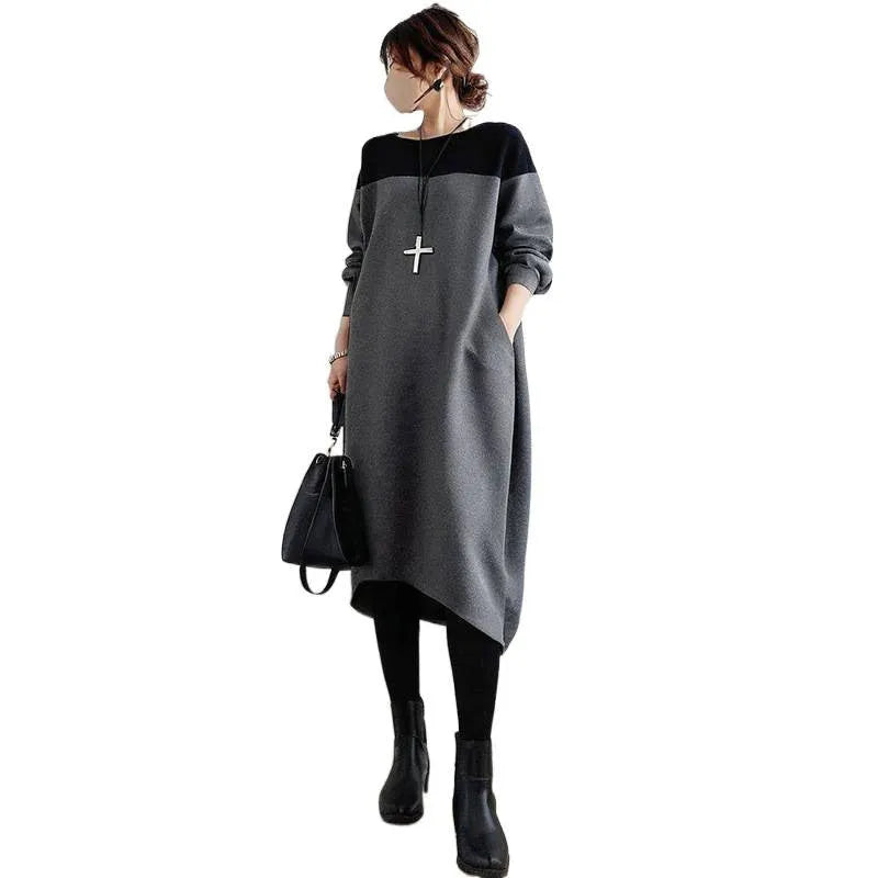 Loose oversized round neck patchwork dress for women, long flutter sleeves, high waist pencil skirt, grey or army green