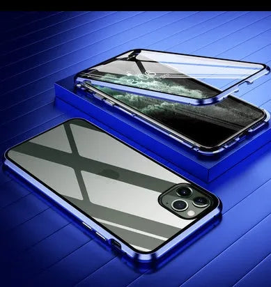 Glass clamshell anti-spy phone case with geometric design in multiple colours for iPhone models.