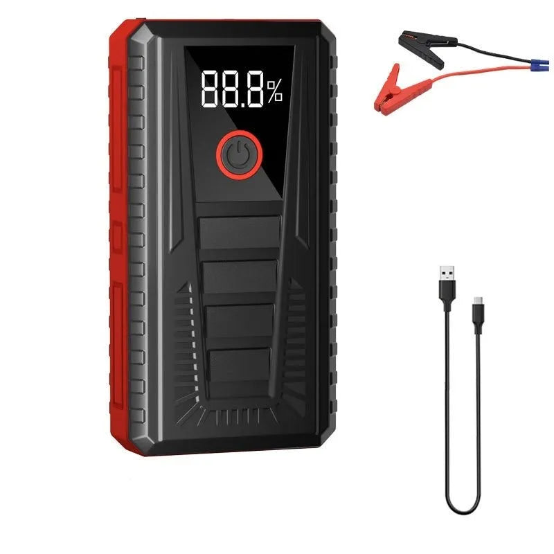 Car jump starter emergency power supply with 1000A peak current and 14.8V battery pack in storage bag