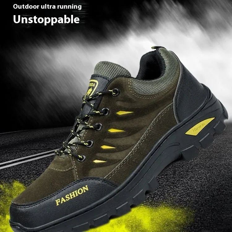 Men's brown suede mid-top hiking sneakers with a platform rubber sole and lace-up front.