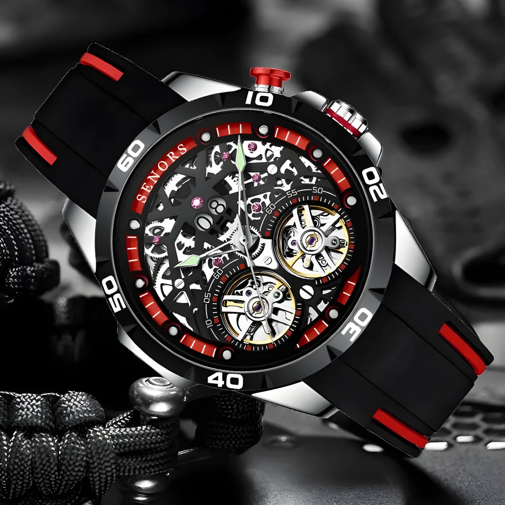 Automatic mechanical men's watch with skeleton dial and luminous hands on stainless steel case.