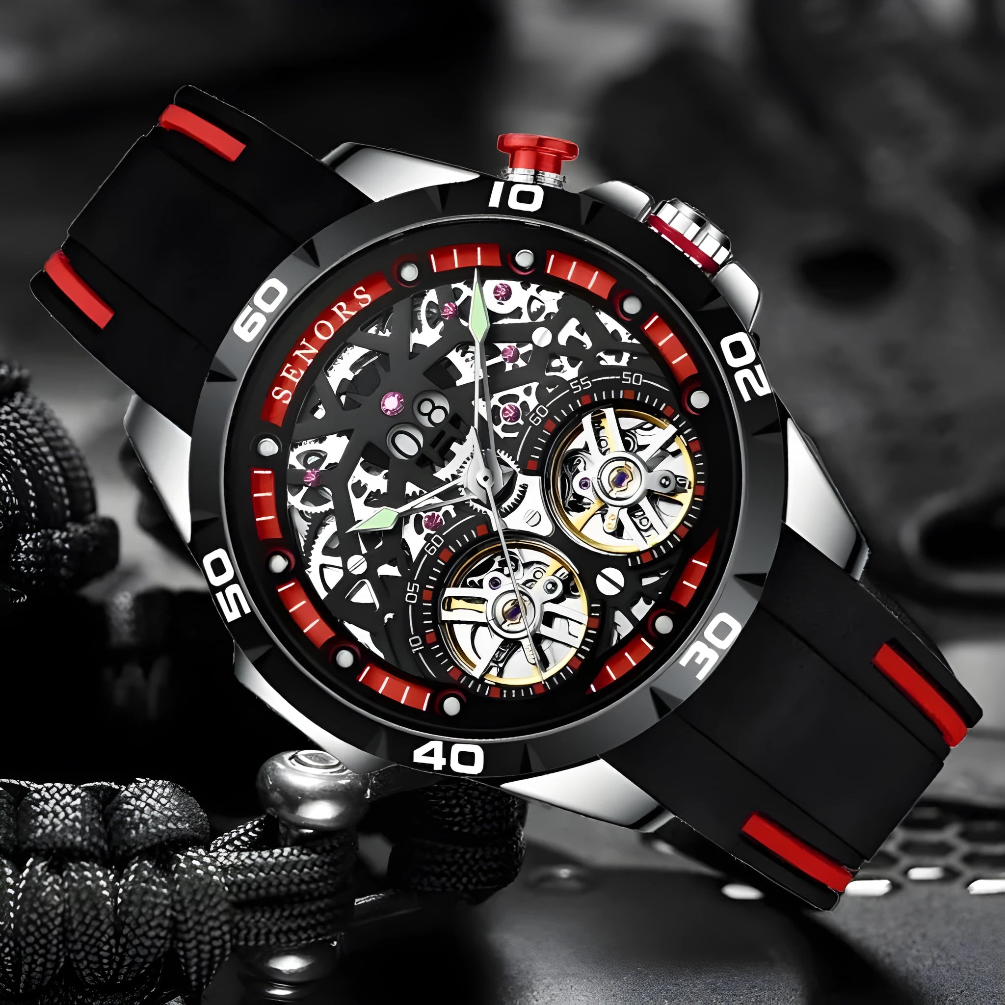 Automatic mechanical men's watch with skeleton dial and luminous hands on stainless steel case.