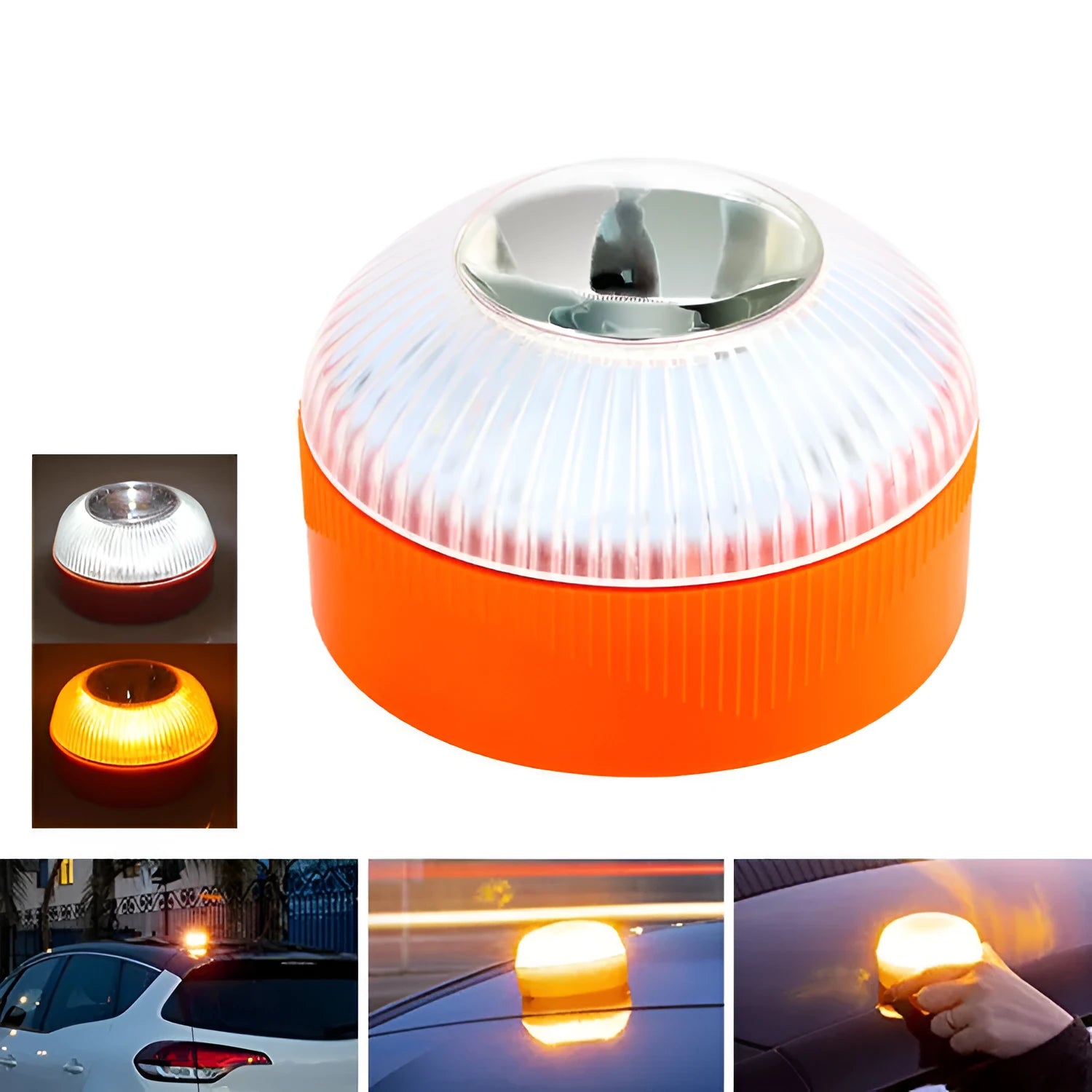 V16 LED emergency warning light with rotating dome and magnetic base on vehicle dashboard