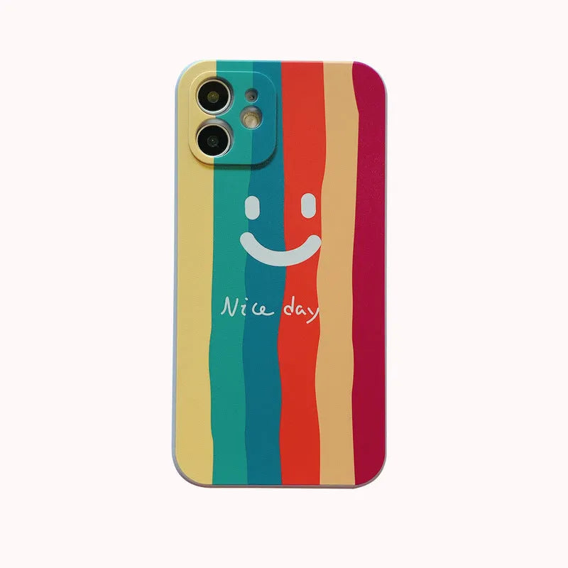 Silicone TPU phone case with painted smiley design for iPhone, shown in rainbow colour.