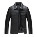 Black turn-down collar PU leather jacket with straight hem and patch pockets for men
