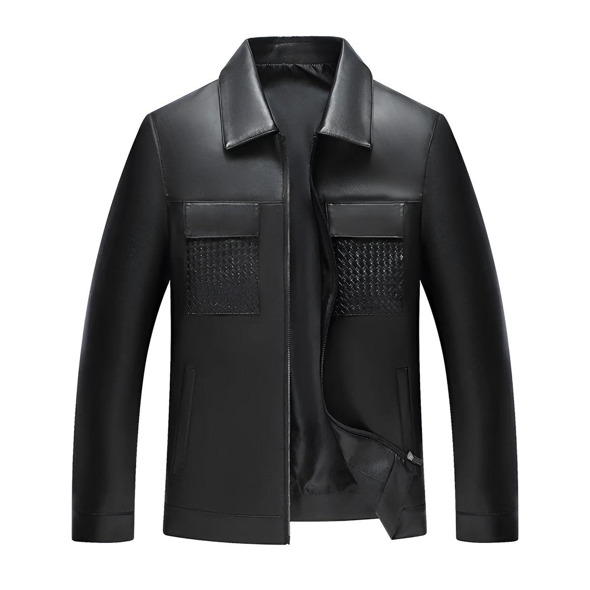 Black turn-down collar PU leather jacket with straight hem and patch pockets for men