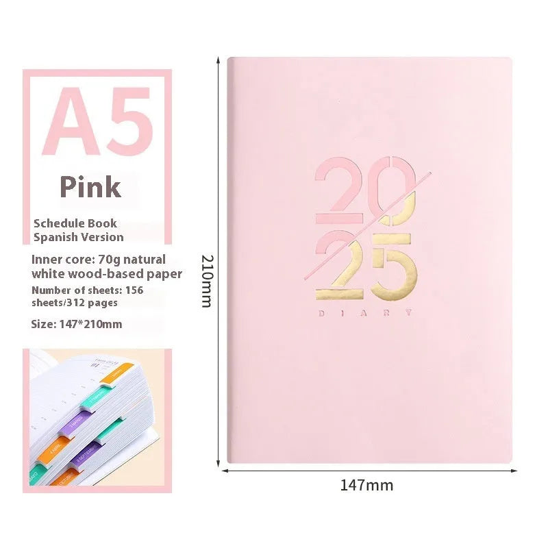 2025 A5 daily planner with soft faux leather cover in multiple colour options showing open pages