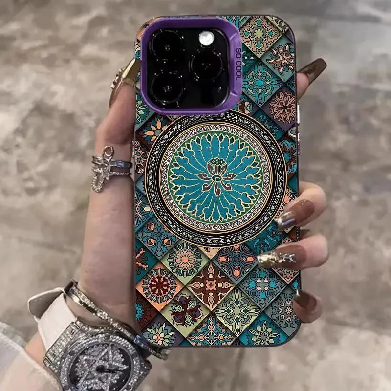Ethnic style patterned hard PC phone case for iPhone in black, dark green, silver, and deep purple with matte anti-slip finish.