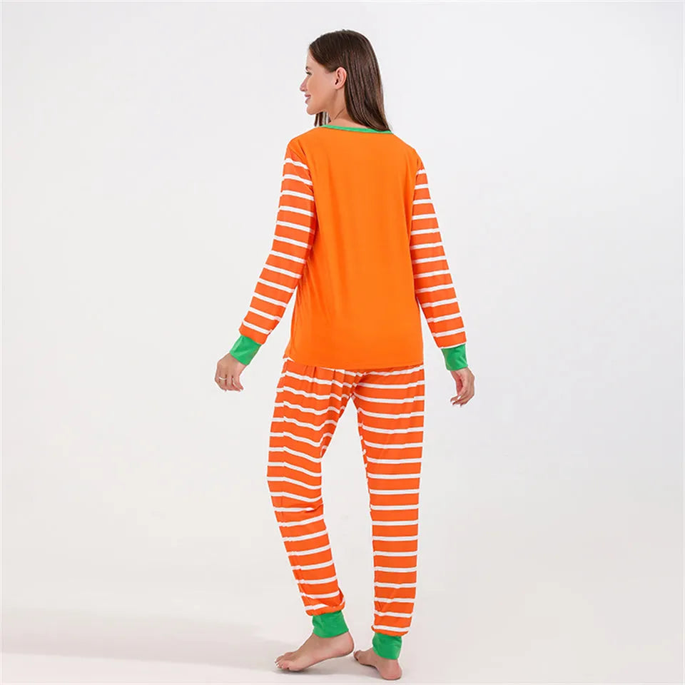 Orange cartoon print polyester family pajama set with top and trousers for Halloween