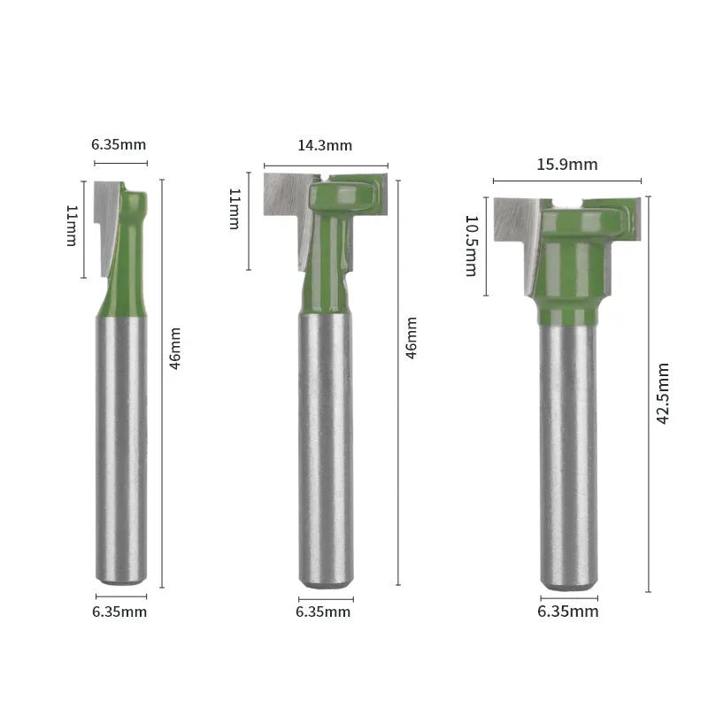 6-piece T-slot knife set with green double blade milling cutters, hard alloy HRC55 blades, 6mm to 15.9mm diameters