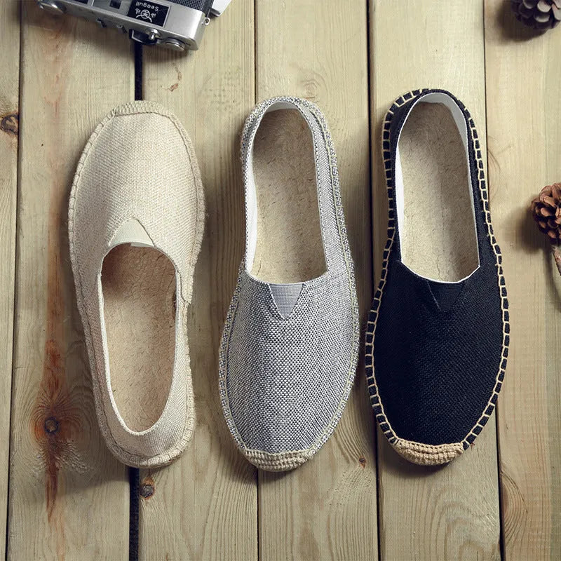 Men's round-toe casual canvas shoes in linen fabric, shown in black, dark brown, grey, and white colour options.