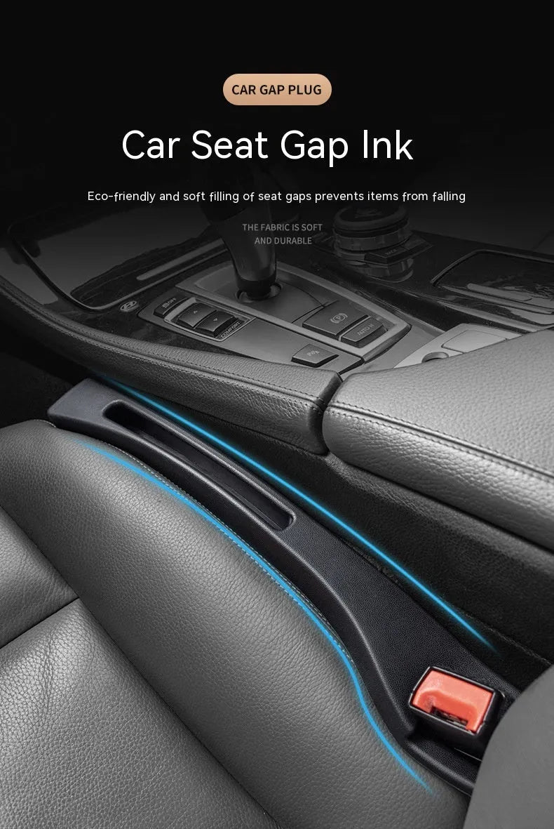 Black car seat gap storage box organiser between vehicle front seats with customisable handles
