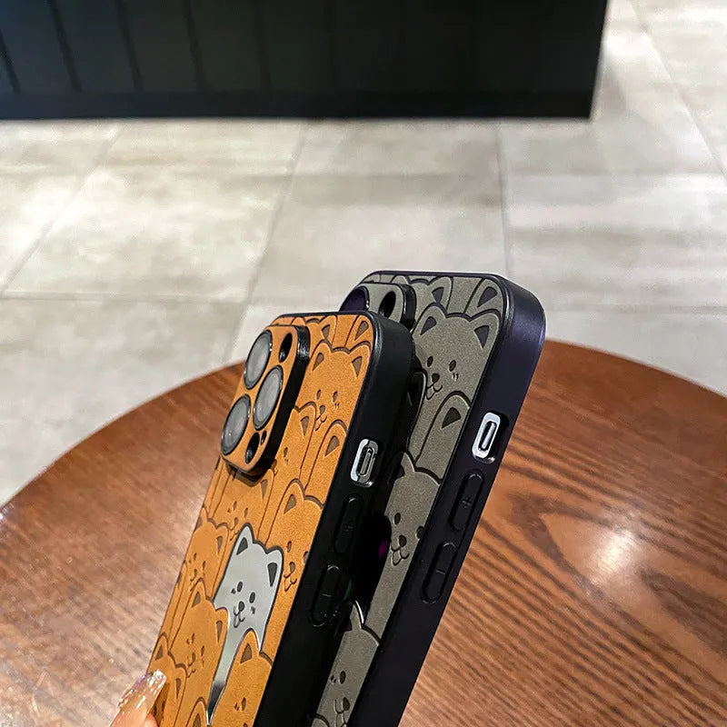 Laser full screen bear cat phone case in TPU imitation leather, yellow black silver grey, for Apple iPhone 11 to 15
