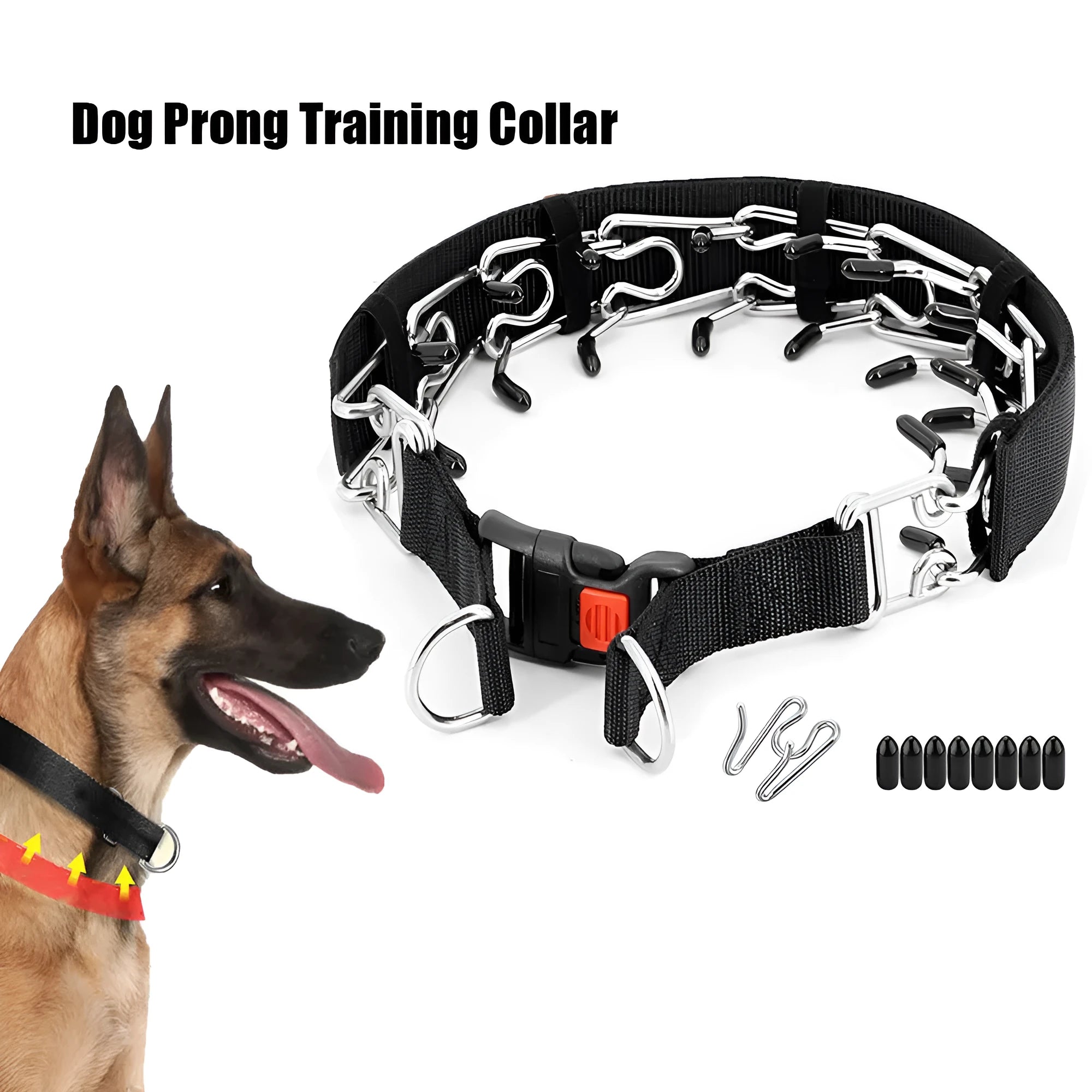 Dog training collar with removable plastic spikes in reflective blue colour, shown with neck cover accessory