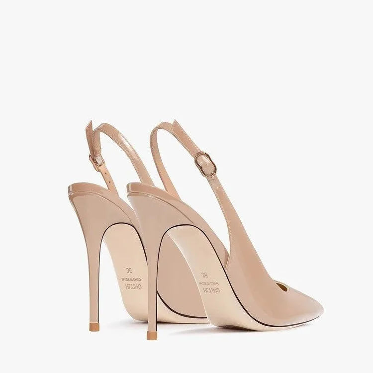 Nude soft leather women's ankle-strap high heel sandals with hollow design