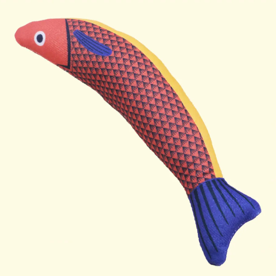 Soft plush saury fish cat toy with organic catnip filling in green, orange, and yellow colours