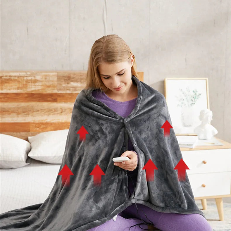 Dark grey USB electric heated plush blanket showing plug and control button.