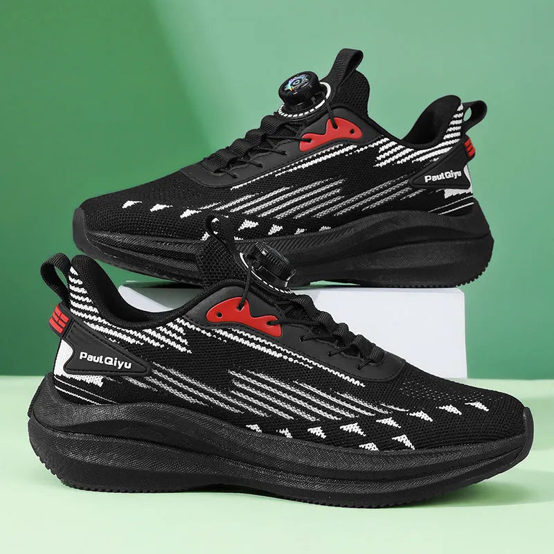 Men's white green rotating buckle fly-kit mesh sports shoes with TPU popcorn sole showing lace-up front and shallow opening design