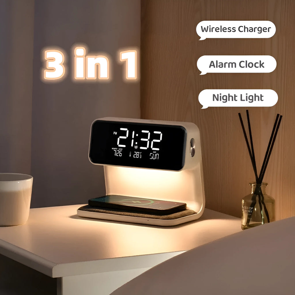 White 3-in-1 bedside table lamp with wireless charging pad, LCD screen, and touch dimmer.