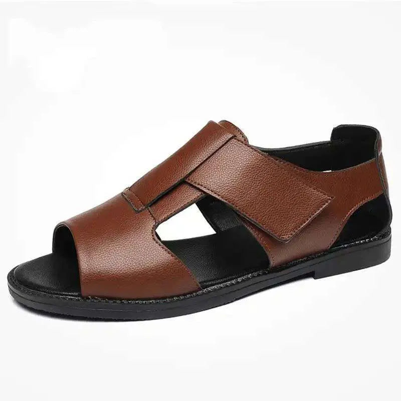 Men's black leather Roman sandals with open toe design and rubber sole