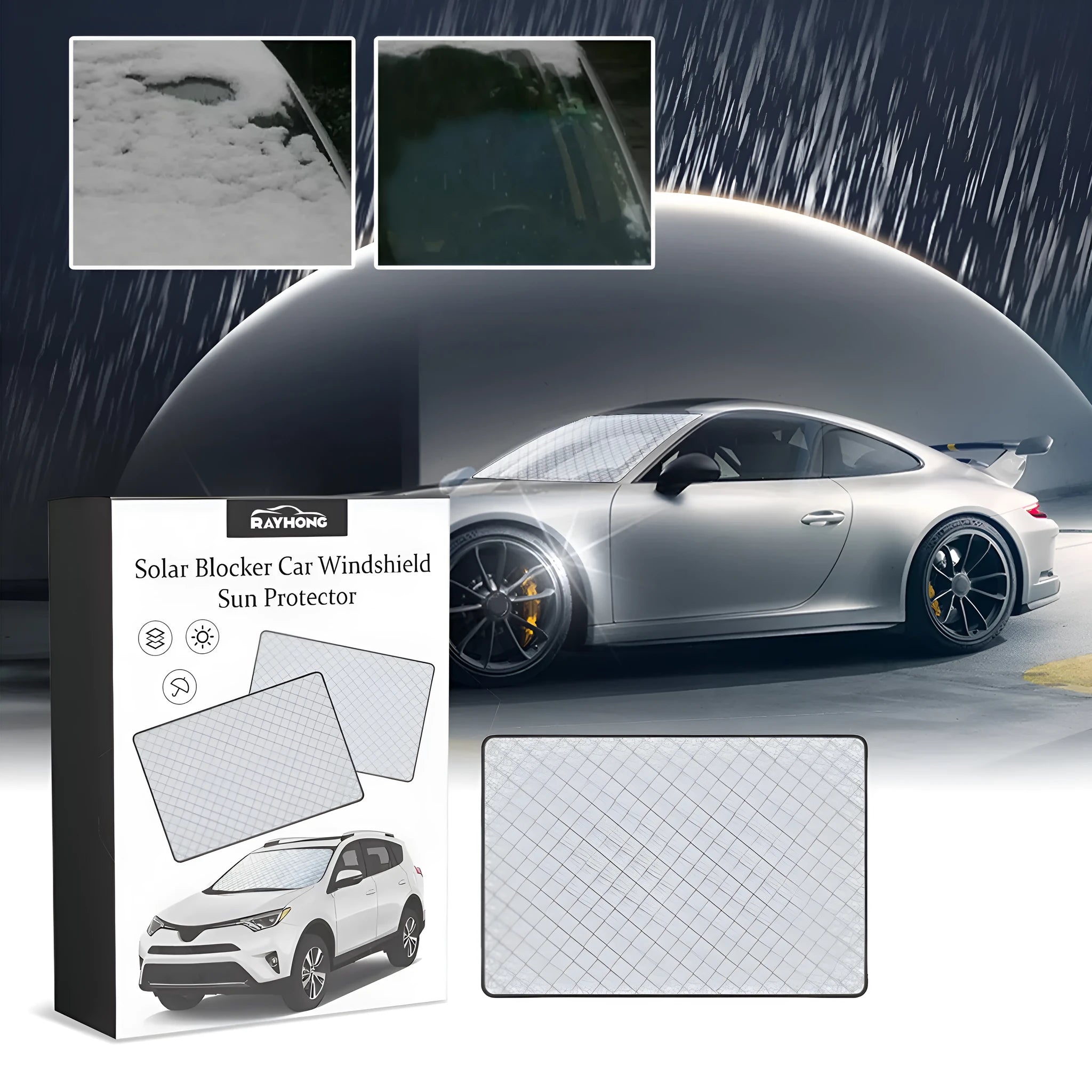 Car windshield snow cover made of silver aluminium film and nylon, size 140cm by 95cm.