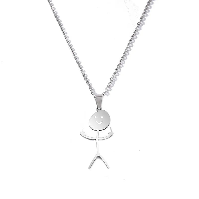 Silver stainless steel stick figure pendant necklace middle finger gesture smiley face on link chain