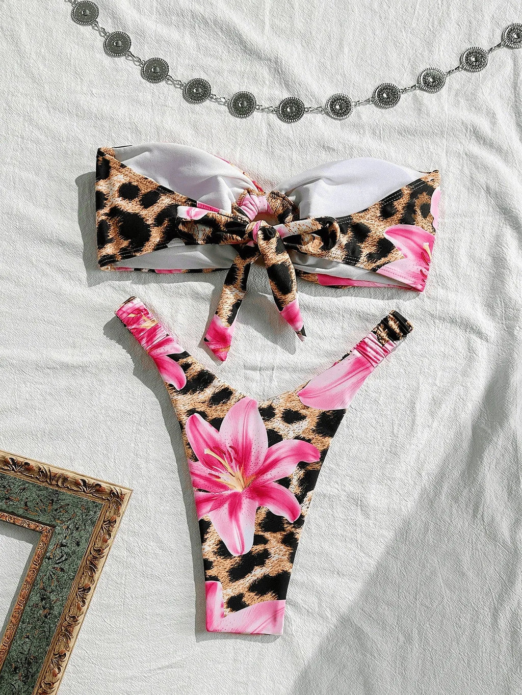 Women's tube top split bikini swimsuit in pink leopard print, polyester, sizes S to XL for swimming and wading