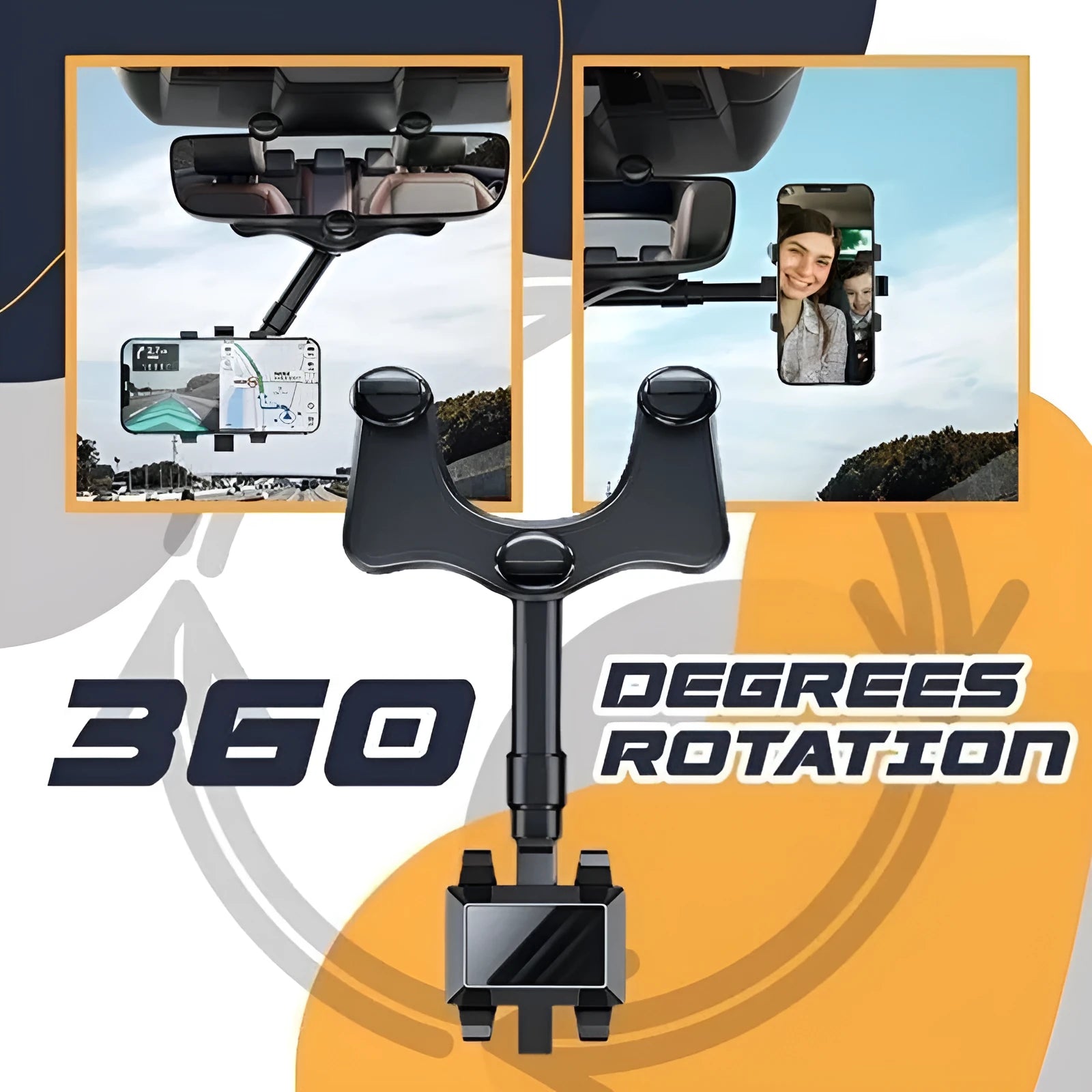 Black rearview mirror car phone holder showing 360-degree rotation and telescopic arm extended