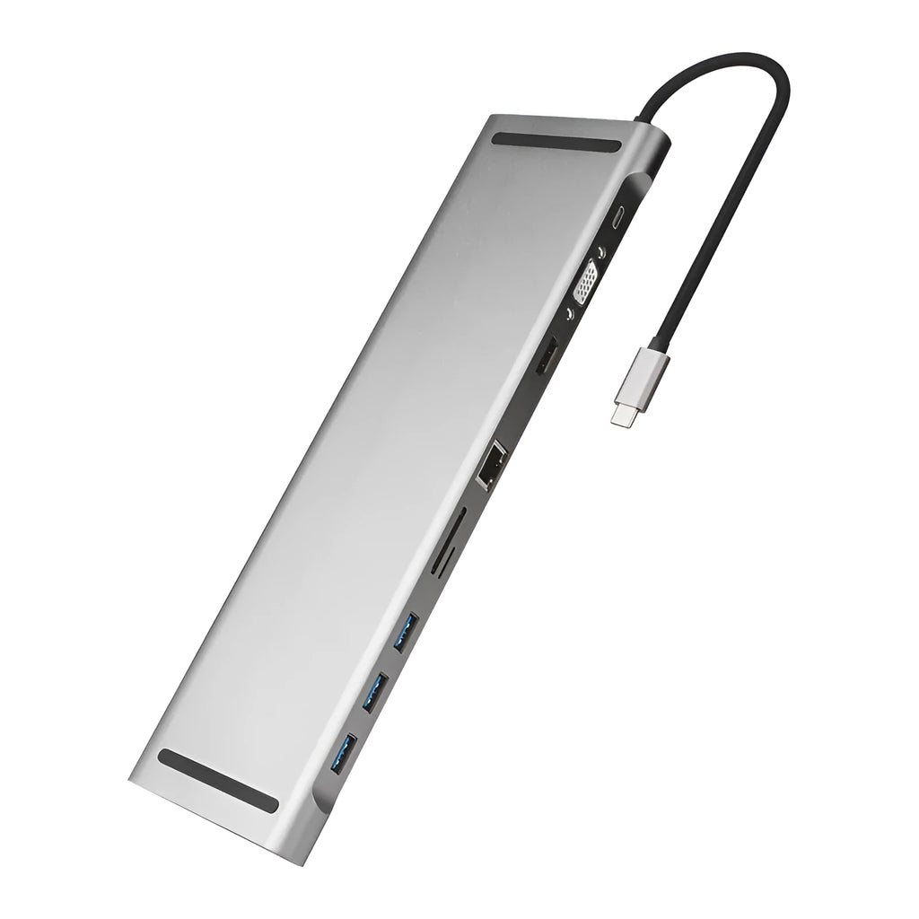 Grey aluminium alloy USB-C hub with cooling bracket showing ten ports including HDMI, VGA, Ethernet and USB