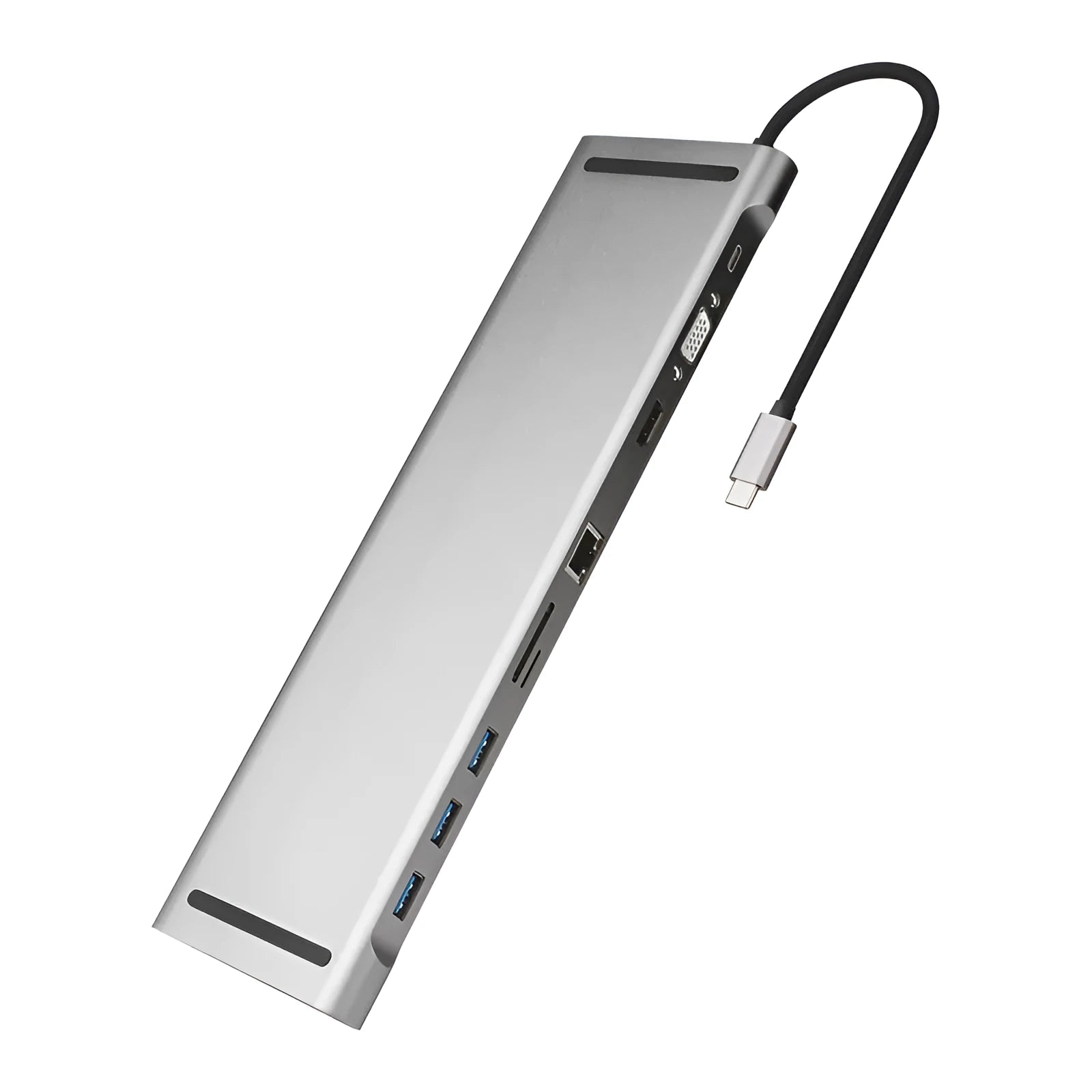 Grey aluminium alloy USB-C hub with cooling bracket showing ten ports including HDMI, VGA, Ethernet and USB