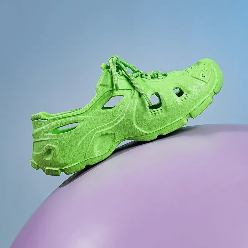 A pair of bright fluorescent green EVA slip-on sandals with a thick sole, shown on a light background.