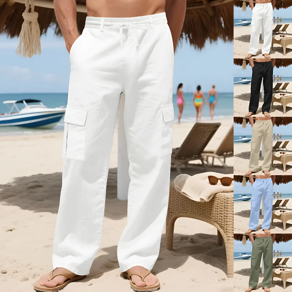 Men's linen workwear trousers with drawstring waist, multiple pockets and straight leg, in Army Green, Black, Khaki, Light Blue or White