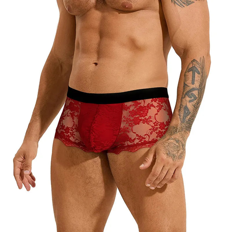 Men's black lace briefs with hollow out see-through design showing lace pattern