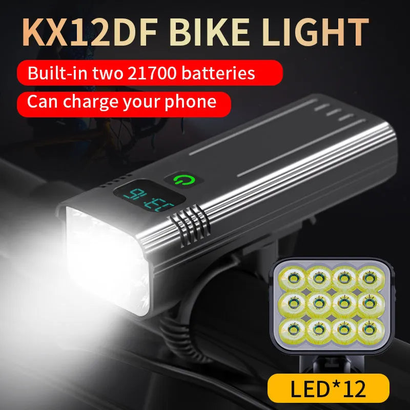 Black aluminium alloy USB rechargeable bicycle headlight with digital power display mounted on handlebars
