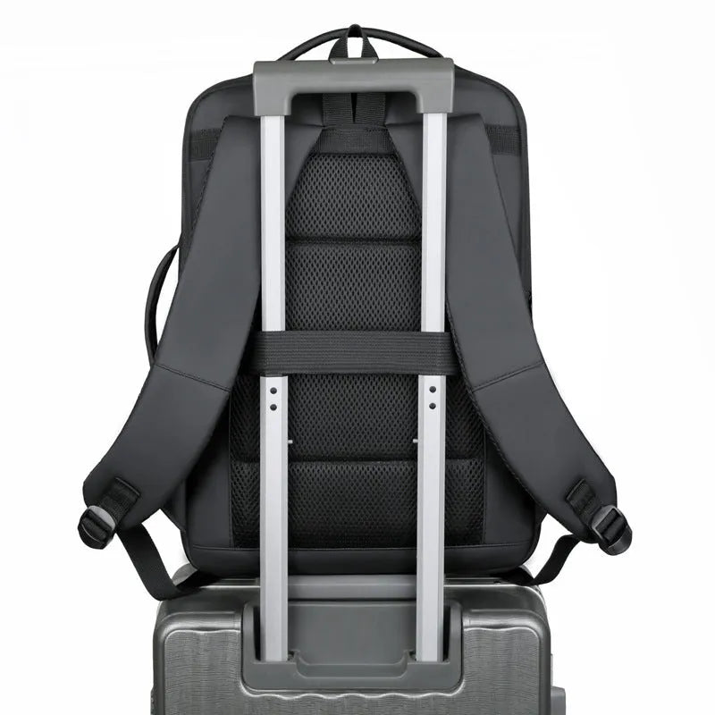 Men's large capacity waterproof backpack in black with curved shoulder straps and business styling