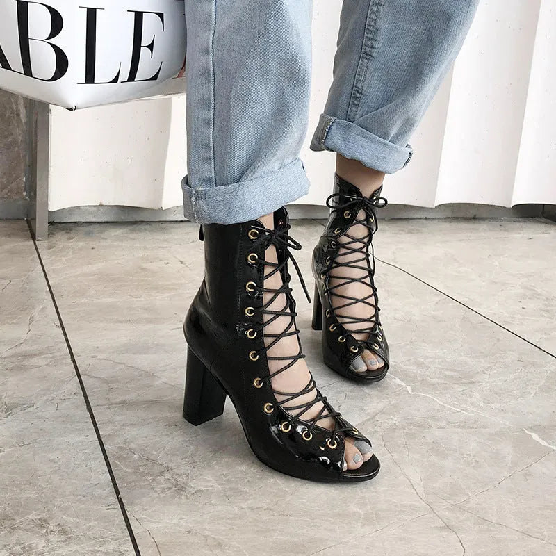 Denim high heels with thick heel above 8cm, peep toe, front tie, rubber sole, in Black, Blue, or Navy Blue