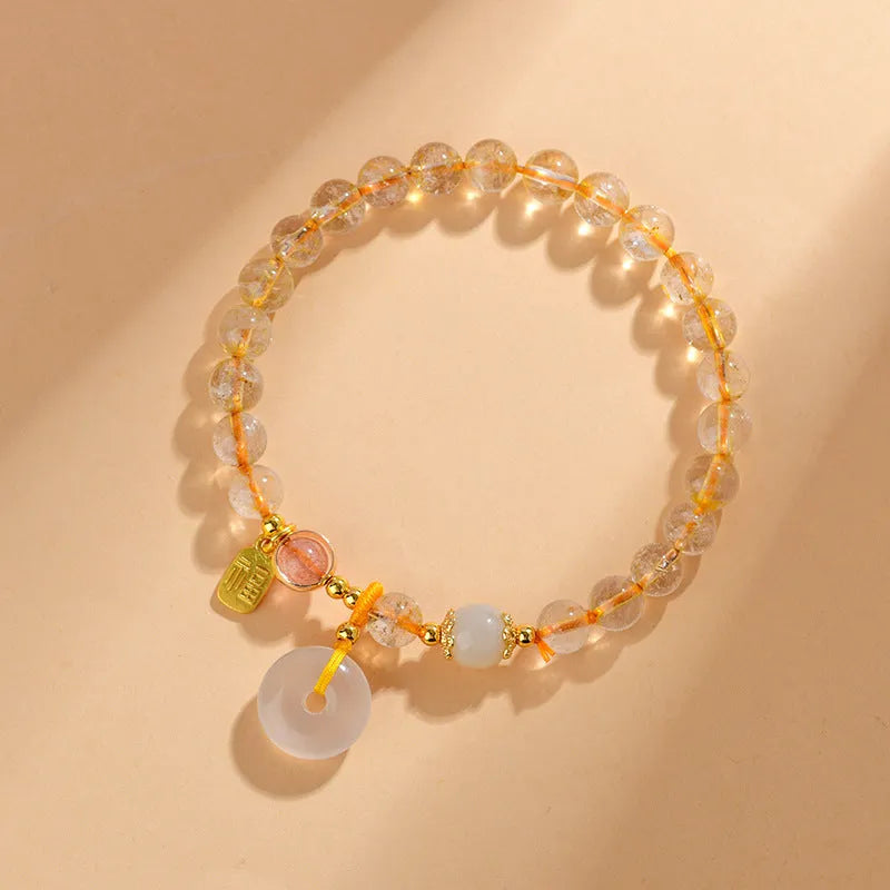 Gold rutilated quartz bracelet with geometric peace buckle and blessing card pendant in national style