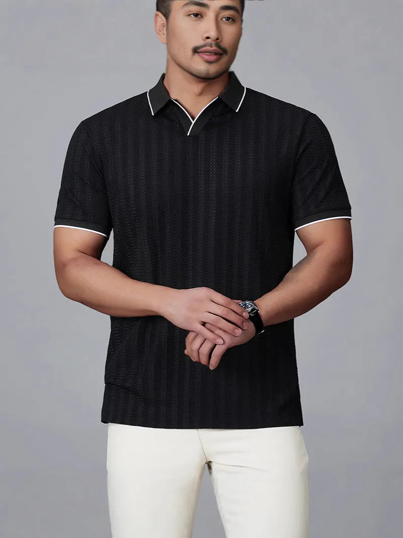 Men's loose-fitting short-sleeved polo shirt in ice silk nylon fabric, shown in black colour.