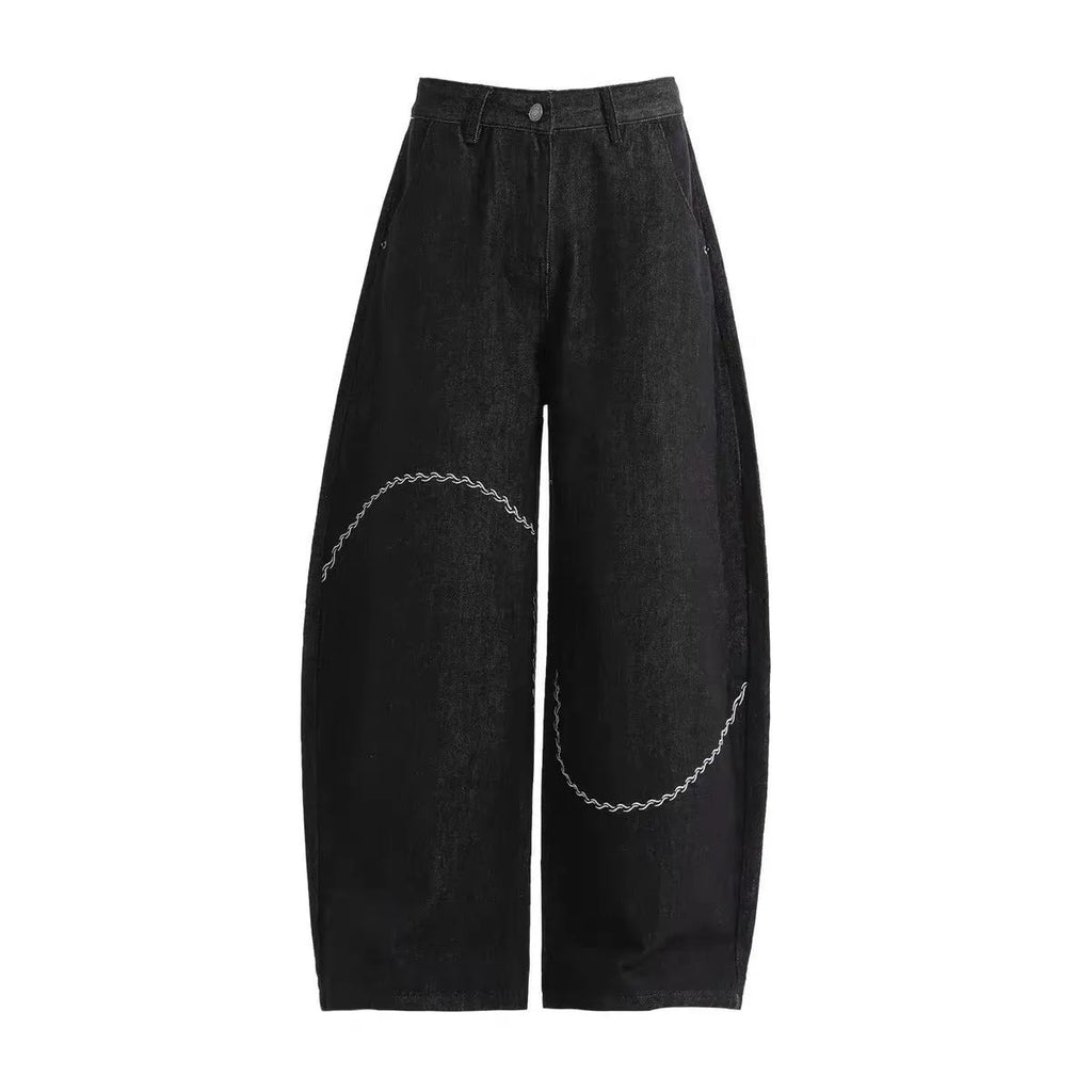 Black straight-leg denim trousers with micro-elastic fabric for autumn and winter wear