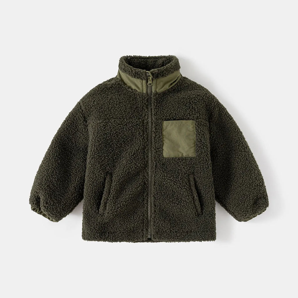 Boys' thickening coat with fleece stand collar and zip front in navy blue or army green, height sizes 90cm to 130cm