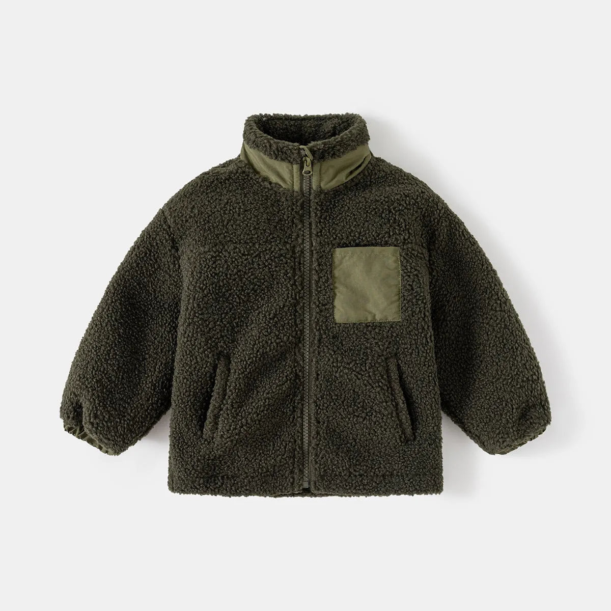 Boys' thickening coat with fleece stand collar and zip front in navy blue or army green, height sizes 90cm to 130cm